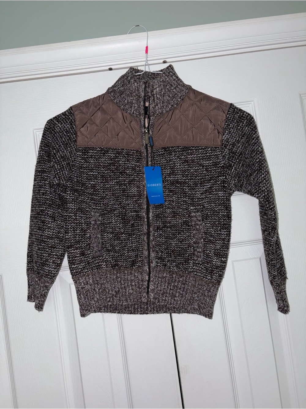 Gioberti boy’s Full Zip Mock Neck Knit Sweater Quilted Brown/Gray kid size 7